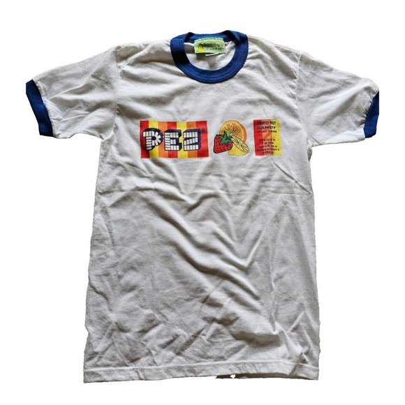Vintage In Vitro Ringer Tshirt, Ringer Tee, PEZ, Blue & White, Size Small - Picture 2 of 5